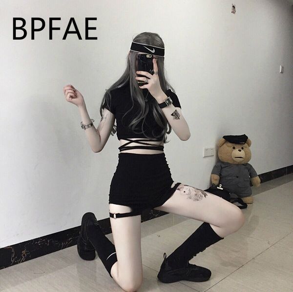 

2020 summer new arrival women punk harajuku bandage hollow out elastic shorts leg ring slim shorts female black hot, White;black