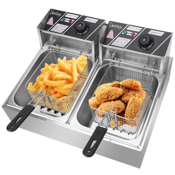 

5000w 12.7qt electric deep fryer dual tank frying cooking machine commercial deep fat fryer with basket & drain prof 12l ing