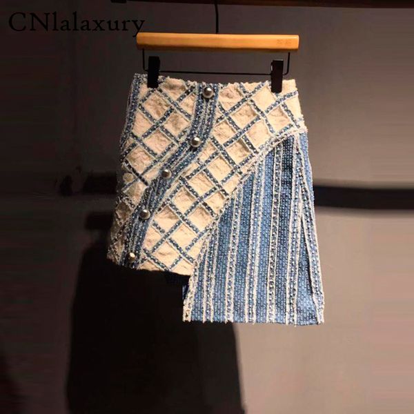 

2020 new summer high waist irrgular plaided mini skirt pearls woolen denim patchwork skirts faldas mujer moda 2020 saias mulher, Black