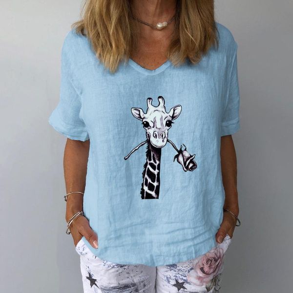

summer women blouse shirt casual donkey floral letter print cotton linen v neck short sleeve plus size tee shirt femme blusa, White