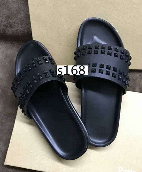 

горячие продажи донна шипованные красные нижние тапочки дизайнерские красные нижние туфли мужчины заклепки шипы плоские тапочки с коробками, Black