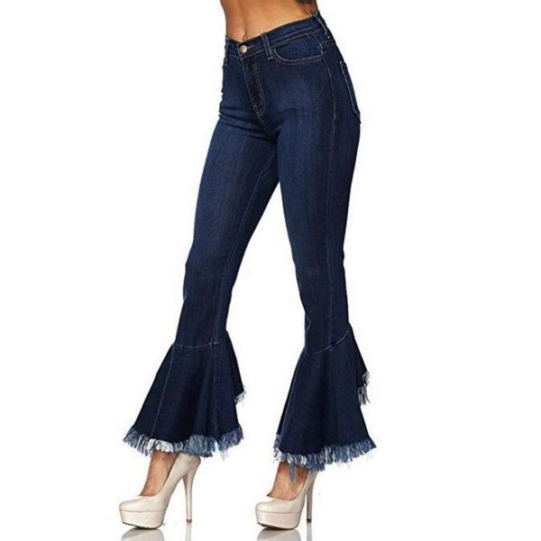 

women's jeans high waisted lacing stretch wide leg fashion ladys bell-bottomed pants large size slim distress cloth, Blue