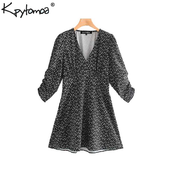 

vintage elegant print mini dress women 2019 fashion v neck pleated sleeve elastic waist dresses chic vestidos mujer, Black;gray