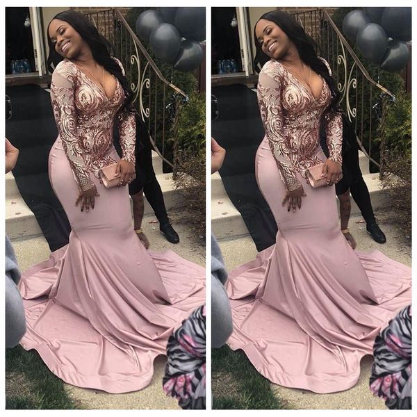 

long sleeves slim lace appliques mermaid prom dresses 2020 customized plus size african style black girls evening party gown custom
