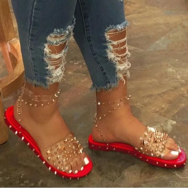 

snake pattern graffiti rivet rhinestone outdoor beach flat durable slippers women 2020 new spring/summer sandals pvc rivets ms, Black