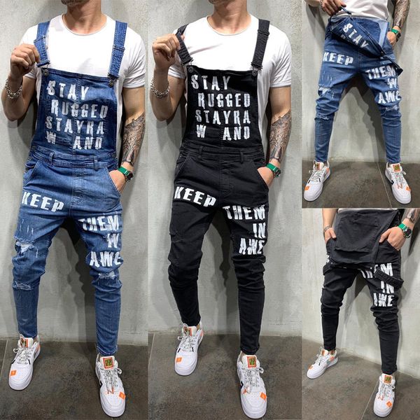

men skinny jeans denim jumpsuit pant destroyed jeans frayed ripped pant long trouser men jumpsuit pants, Blue