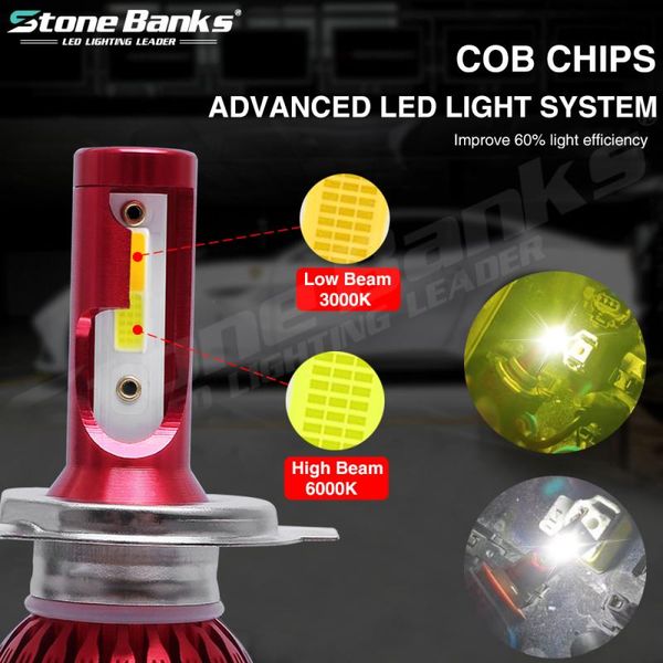 

2 цвет h4 автомобиля мотоцикл светодиодные фары 36w 8000lm 6000k (дальнего света) / 3000k (около света) 9v-36v рабочее напряжение ip68 drops