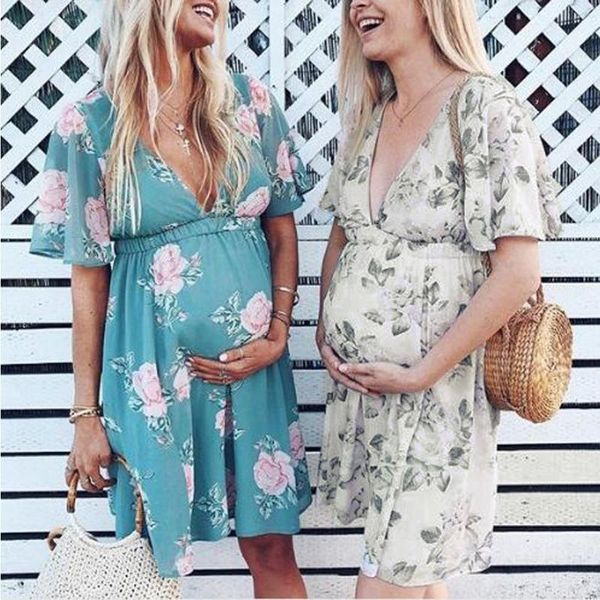 

floral print maternity dresses women v neck short sleeve pregnancy clothes v neck floral print maternity sundress, White