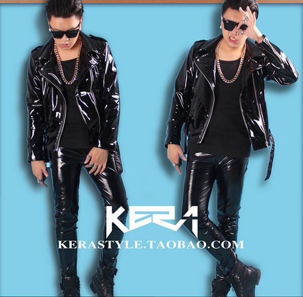 

s-4xl 2019 new men's slim dj male singer shiny high elastic locomotive coat motorcycle leather jacket costumes men clothing, Black