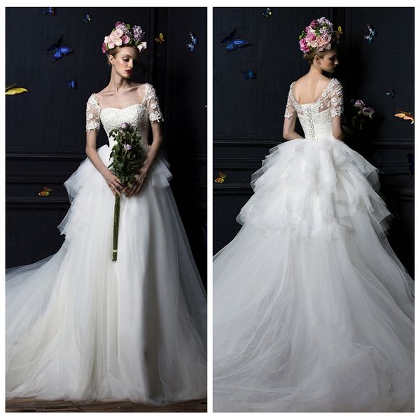 

2019 gorgeous a-line tulle skirt wedding dresses lace appliques short sleeves bridal gowns puffy tulle soft spring vestidos de mariee, White