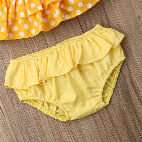 

kids girls yellow polka dot swimsuit 2019 baby girls sleeveless sling bikini set ruffles swimwear tankini 3pcs swimming outfits, White