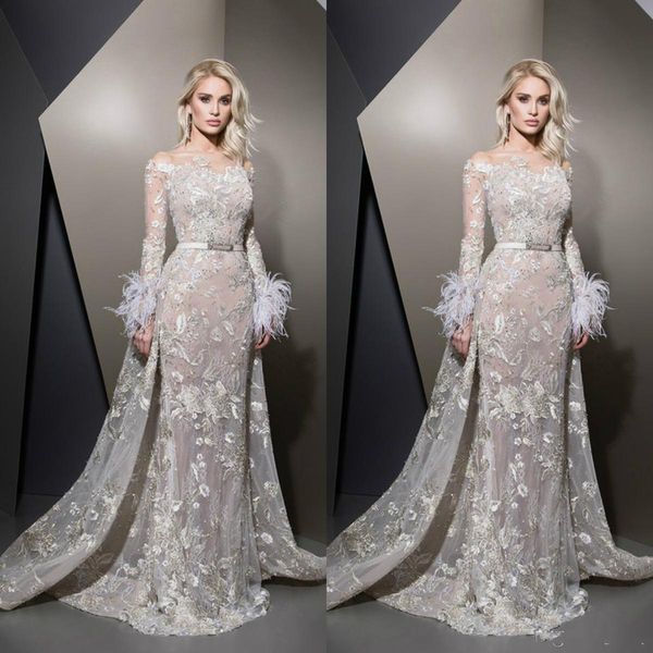 

ziad nakad 2019 evening dresses off shoulder lace beads feather long sleeve detachable train prom gowns plus size robes de soirÃ©e, Black