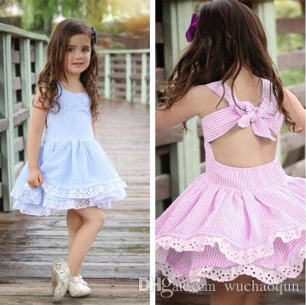 

baby girl clothes summer dress children girl blue striped backless bowknot princess dress kids fashion lace flower cotton frocks, Red;yellow