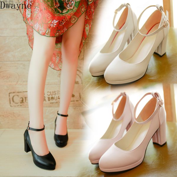 

2019 new high-heeled fashion wild women's shoes shallow mouth round head thick with leather shoes white black work shoes