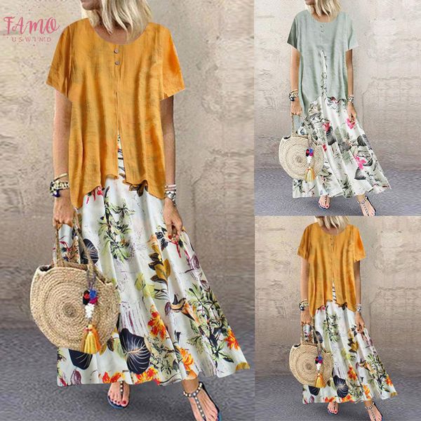 

женщины лето старинные печати длинное платье большой размер пэчворк поддельные две части повседневная с коротким рукавом o образным вырезом, Black;gray