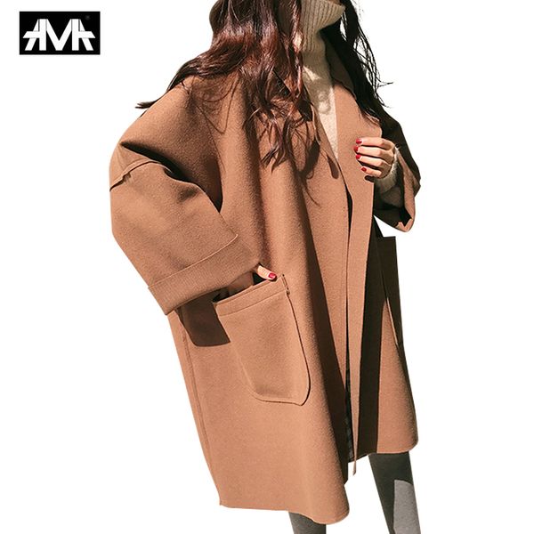 

2019 coat female autumn fashion women brown coat long style pocket woolen ladies casual solid loose black oversize