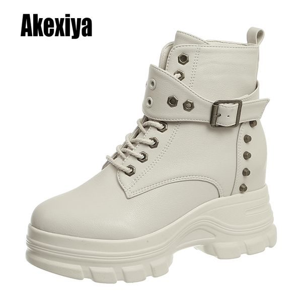 

lady boots warm buckle platform rivet waterproof motorcycle thick cross strap ankle flat with woman shoes k711, Black