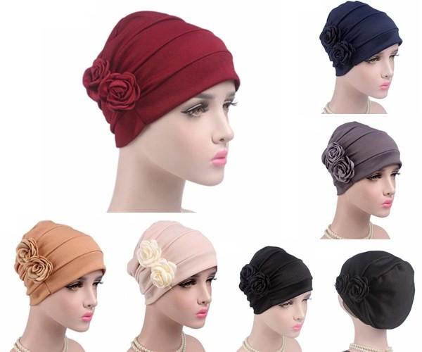 

women flower chemo cap muslim arab headscarf turban hats islamic head wrap beanie turban hat bonnet flowers pleated skullies new, Blue;gray