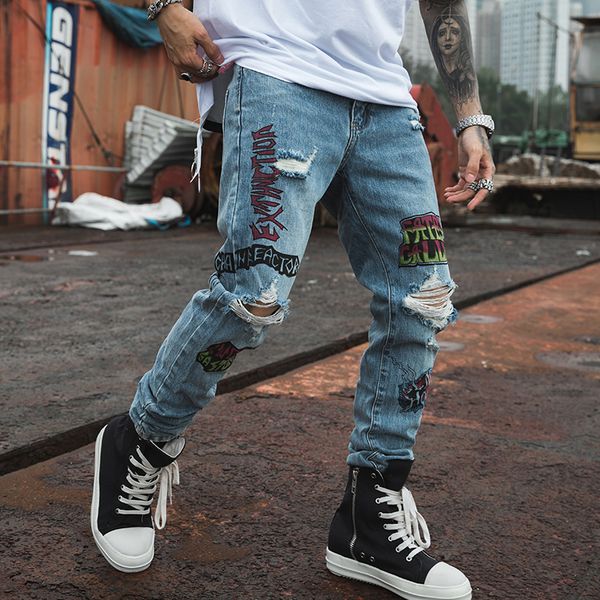 

2019 new men skinny jeans skinny slim fit stretchy blue jeans cotton lightweight comfy hip hop graffiti hole