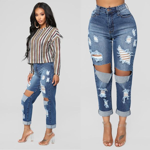 

ladies fashion jeans knee big hole beggar holes jeans women europe and the united states foreign trade goods tide, Blue