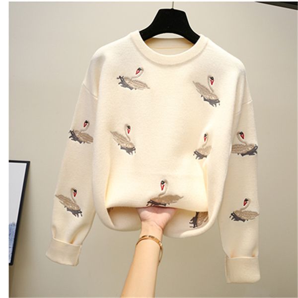 

embroidery logo o-neck loose long sleeve fashion winter pull femme knitted sweater pullover new 2019 female women jumper, White;black