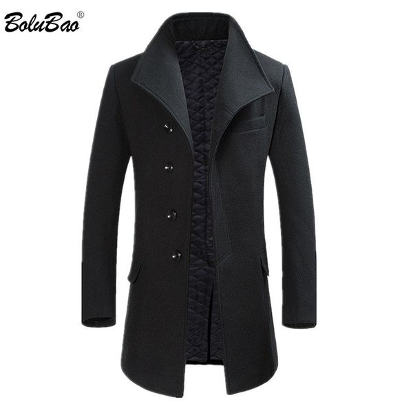 

bolubao men winter wool coat men's new casual brand solid color warm thick wool blends woolen pea coat male trench overcoat, Black