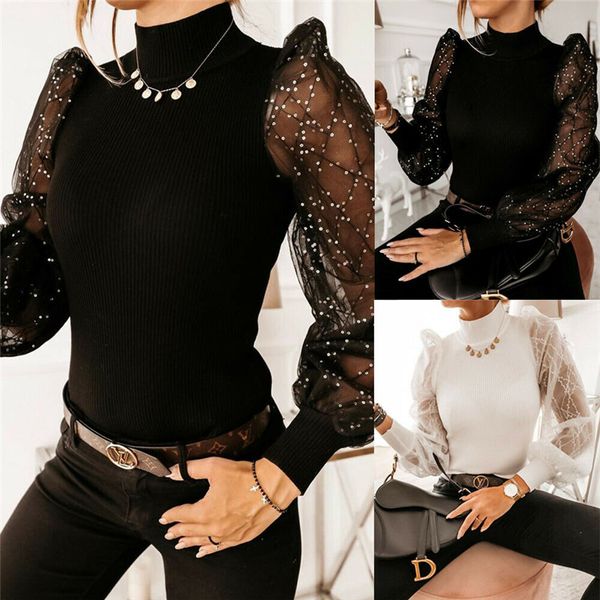 

new women puff sleeve pullover sweater blouse loose jumper ribbed shirt, White