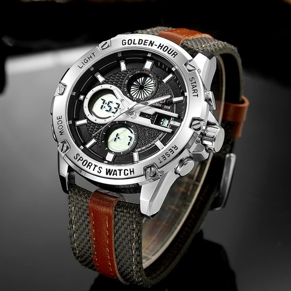 

goldenhour waterproof sport watches men nylon strap digital quartz analog watch clock relogios masculinos, Slivery;brown