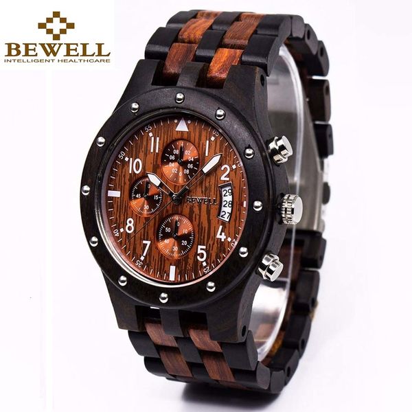 

bewell деревянные мужские moment часы часы люксовый бренд кварцевые часы с полный календарь время челнока поставщиком 109d ly191213, Slivery;brown