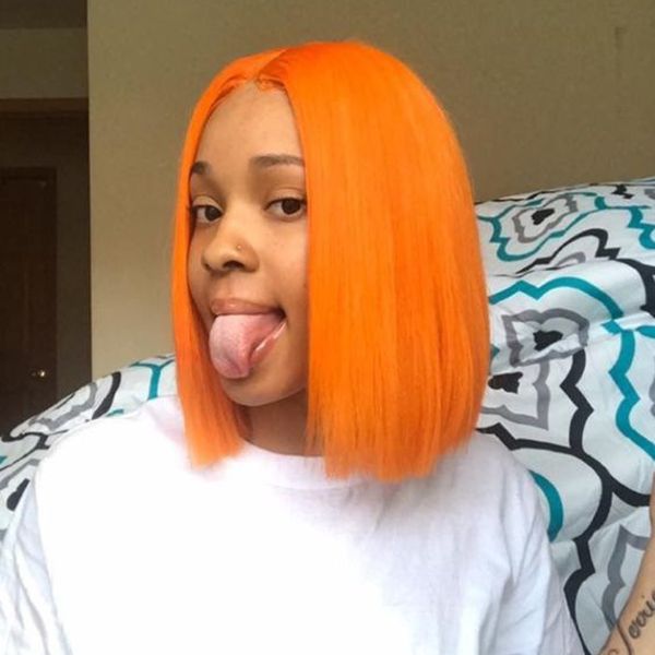 Bob Lace Front Short Human Hair Wigs With Baby Hair Orange