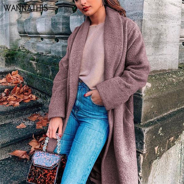 

wannathis woolen coat female mid-long casual women solid warm slim turn-down collar cardigan coat outerwear winter clothing new, Black;white