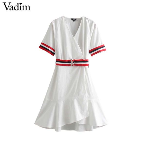 

Women Elegant White Cross V Neck Knee Length Wrap Dress Sahes Short Sleeve Cuff Strips Ruffles Female Casual Dresses