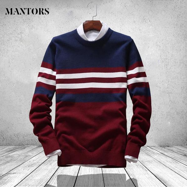 

fashion mens sweater 2019 autumn winter cotton striped knitwear pullover male slim fit o-neck casual brand clothing, White;black