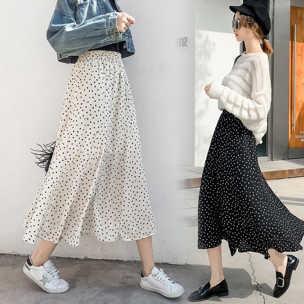 

2019 season ins exceed fire long cash circle point shivering chiffon skirt wave point half-body skirt skirt, Black