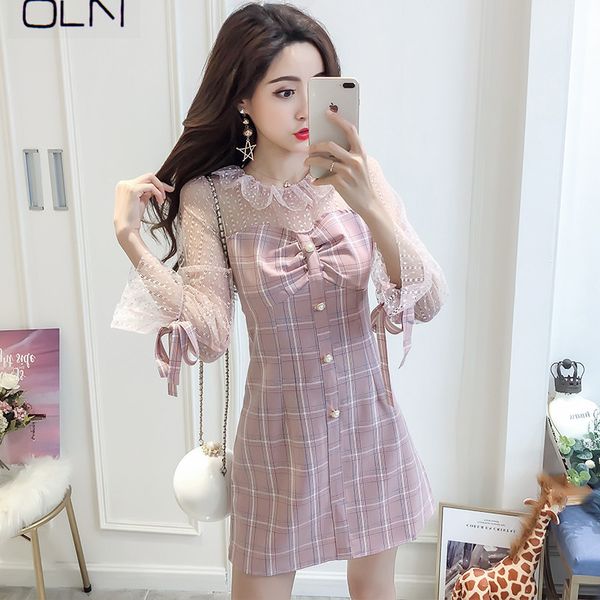 

casual dresses vestidos oln summer arrival 2021 korean version of the self-cultivation temperament splicing mesh dress, Black;gray
