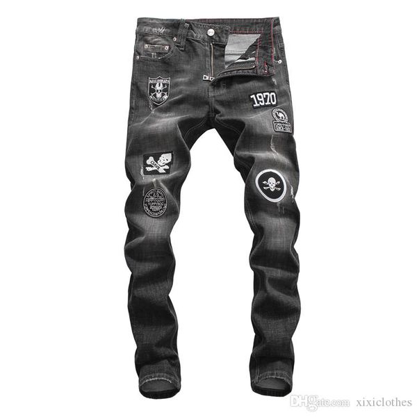 

tide brand casual men jeans wild fashion high-quality mens holes stitching skull luxury men designer jeans motorcycle mens skinny jeans, Blue