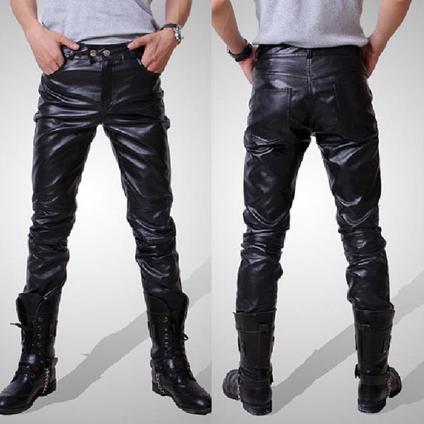 

2019 new men joggers male trousers casual pants men's new fashion autumn winter moto biker slim fit leather long pants m-3xl, Black