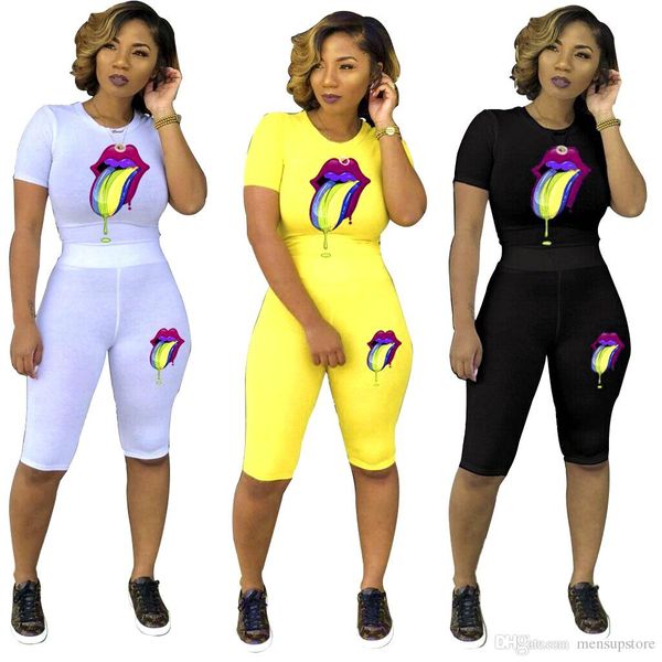 

vestidoes female big tongue designer suits summer woman clothes tshirts shorts 2pcs tracksuits sets, Gray
