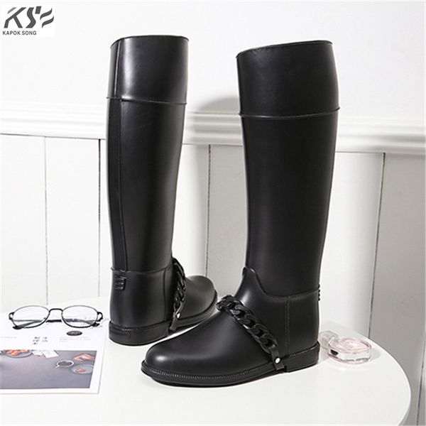 

women rain boots waterproof tall lady rainboot luxury designers rubber chain shoes women rainwear comfortable boots female, Black