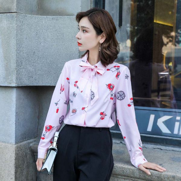 

women harajuku new spring summer blouse long sleeve shirts fashion leisure chiffon shirt bow office ladies pink floral, White