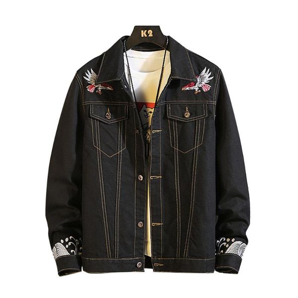 

embroidery denim jacket men coat casual teen denim jacket turn-down collar long sleeve bomber jackets men chaquetas hombre, Black;brown