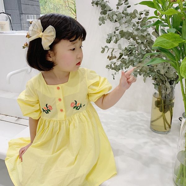 

3561 girl princess dress summer new 2020 children's korean embroidered dress short sleeve kids cotton 80-130cm, Red;yellow