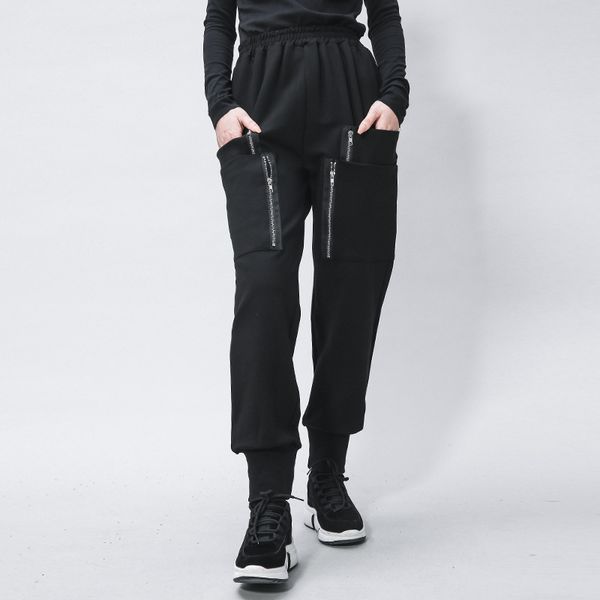 

women's pants & capris cargo women cotton high waist female plus size black trousers bunch bottom with more zipper pockets 2021 spring, Black;white