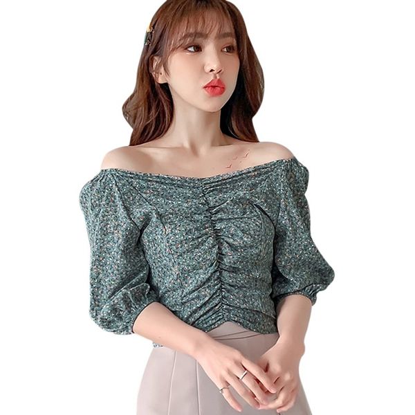 

summer women floral print v-neck short sleeve shirts sweet pleated small floral print short chiffon shirt 2020 new arrival, White