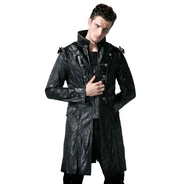 

punk rave mens punk jackets fashion stand collar casual rock faux leather army uniform personality long jackets windbreaker, Black;brown