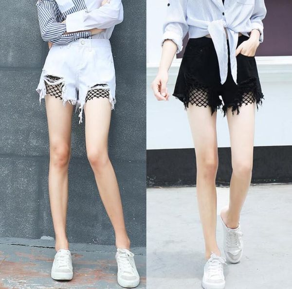 

fishnet mesh stitching denim shorts women high waist ripped frayed hem summer jeans shorts a1310, White;black