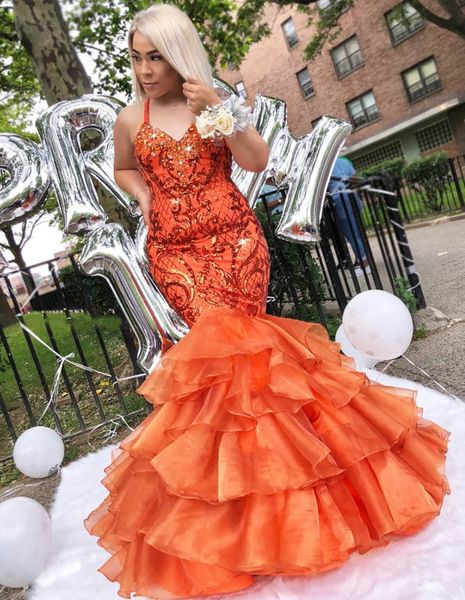 

gorgeous sequined appliques long mermaid prom dresses halter v-neck backless prom gowns tiered bottom vestidos de festa, Black