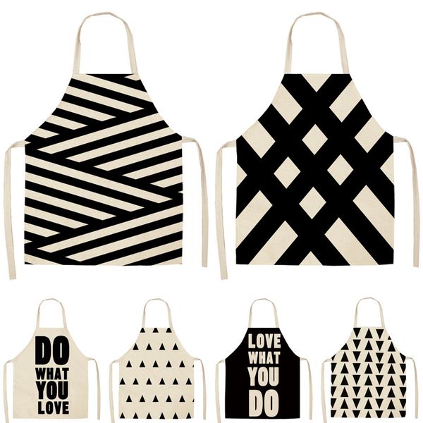 

1pcs black and white geometric letter kitchen aprons home cooking baking shop cotton linen cleaning bibs 53*65cm g1013
