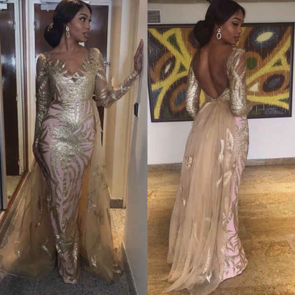 

2019 arab red long sleeve sequined v neck evening dress mermaid prom dresses open back plus size, Black;red