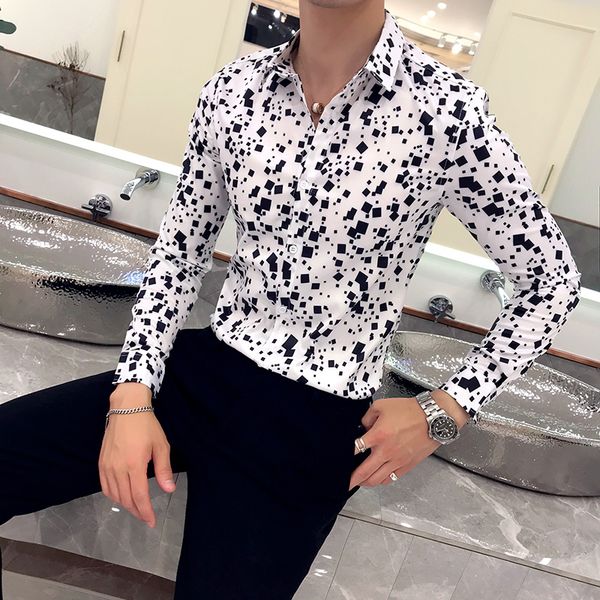 

new men shirt brand slim fit digital print shirts for men clothes 2019 long sleeve night club prom tuxedo 3xl, White;black